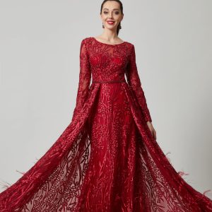 Bordeaux Grace – Full Sleeve Embroidered Evening Gown - TL-56