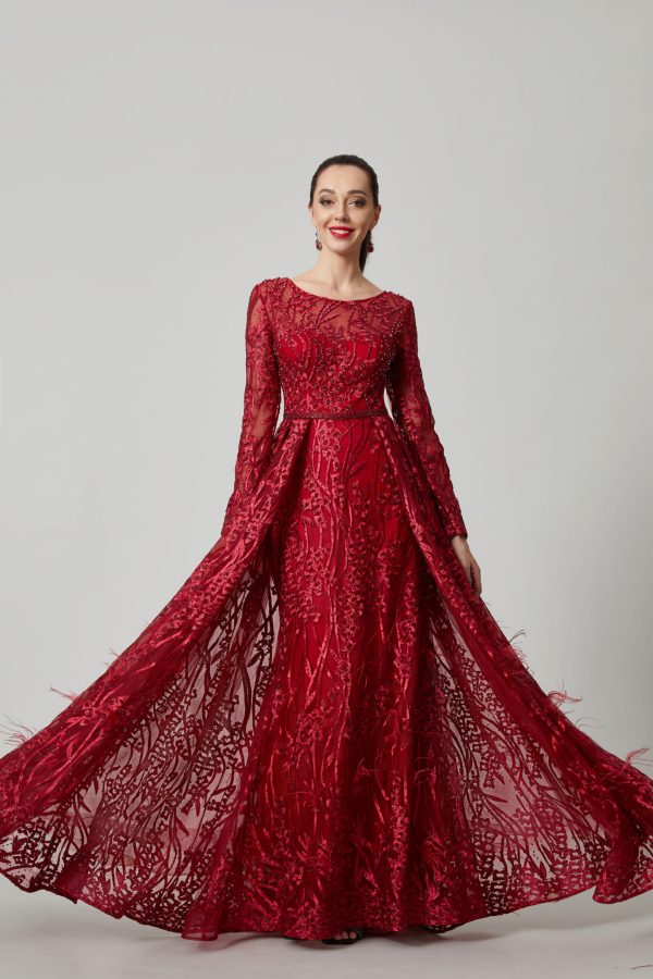 Bordeaux Grace – Full Sleeve Embroidered Evening Gown - TL-56 - Image 3