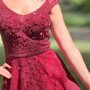 Elegant Beaded Evening Gown with Lace Skirt - Multiple Colors - TL-64