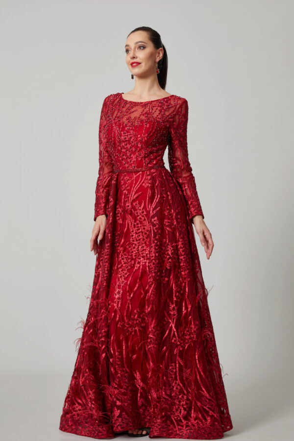 bordeaux grace – full sleeve embroidered evening gown tl 56