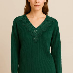 women’s green ribbed sweater with lace neck detail