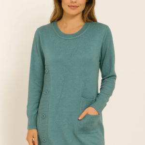 women’s teal long knit tunic – side button design
