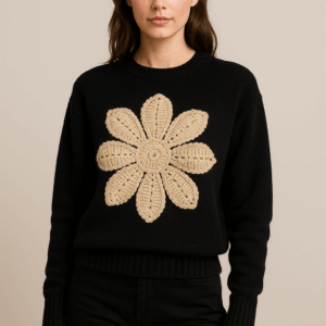 sweater with crochet daisy motif