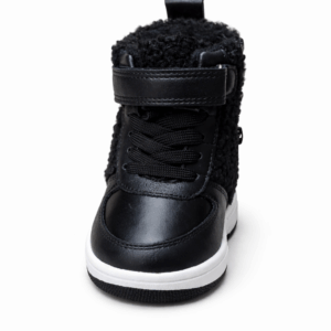 warm and comfortable kids black winter sneakers with soft fur lining, velcro strap, laces, and side zipper. perfect for cold weather and daily wear.