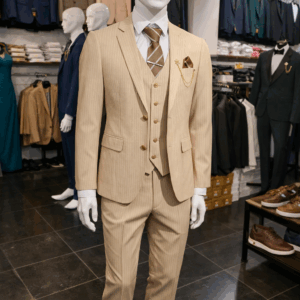 beige pinstripe 3 piece men’s suit – elegant formal wear | chiq mode