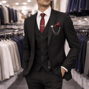 black 3 piece men’s suit with red tie – slim fit | chiq mode