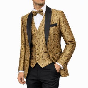 luxury gold pattern tuxedo suit – 3 piece men’s evening & wedding suit | chiq mode